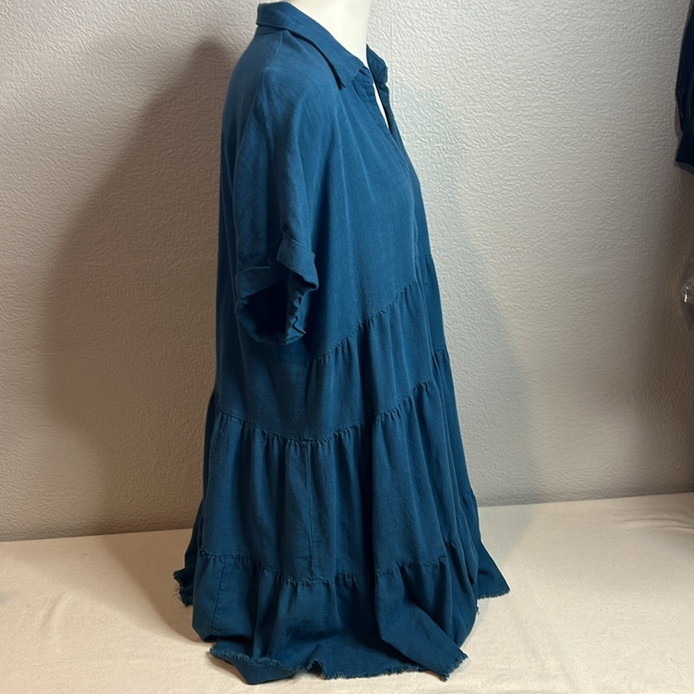 Umgee Teal Tiered Linen Blend Babydoll Dress - Size L - Picture 5 of 8